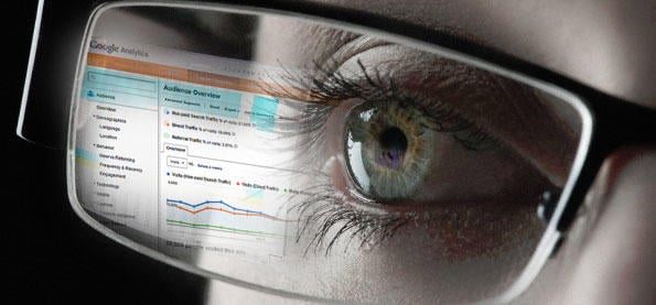 Clickbait Google Analytics screen reflected in eyeglasses