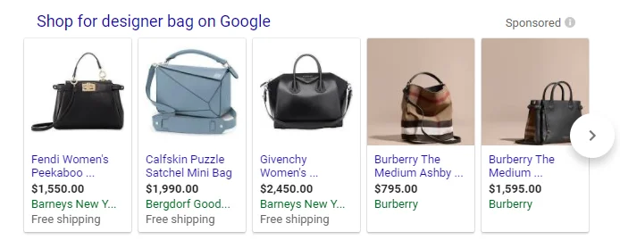 Close variants designer bag Google Shopping results