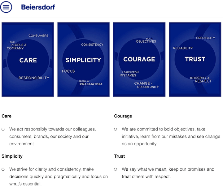 example of simple company core values by beiersdorf