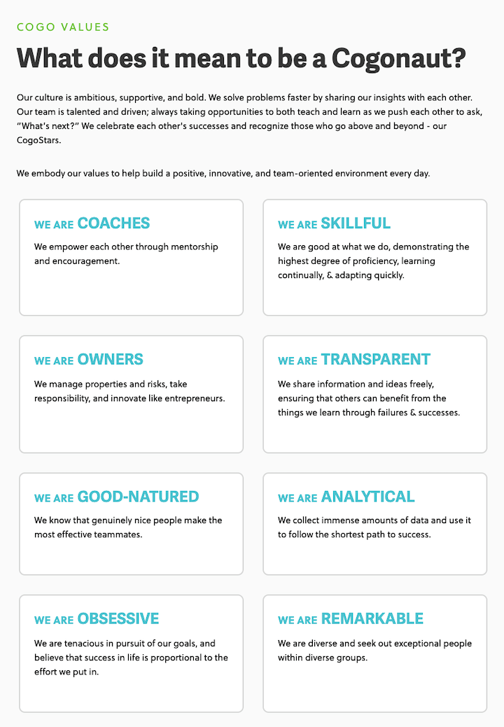 example of branded company core values by cogo labs