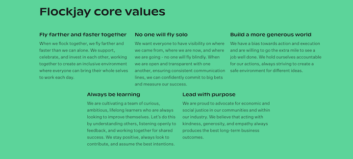 punny company core values example by flockjay