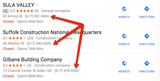 Google SERP results for construction in Boston