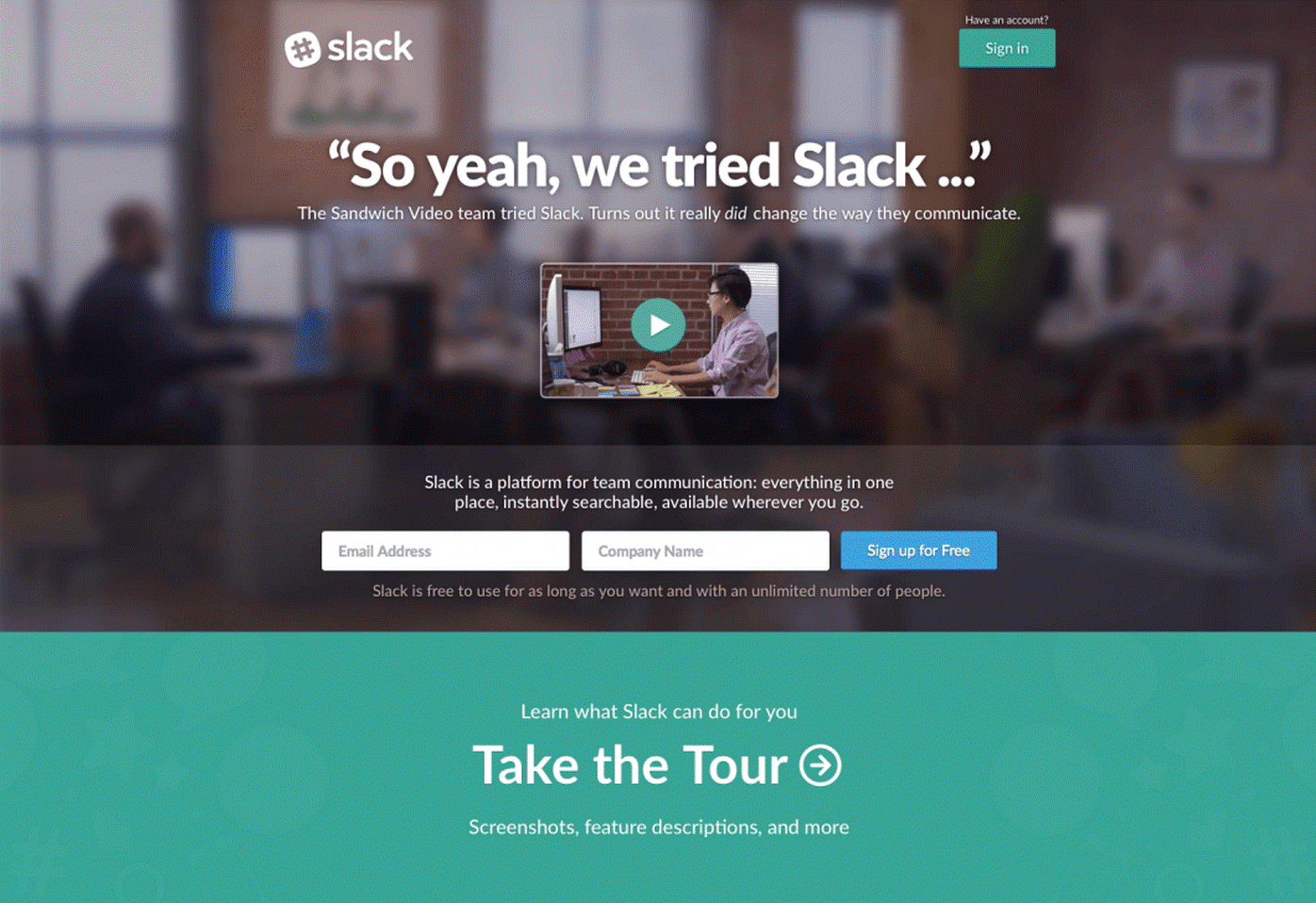 Conversion rate benchmarks Slack landing page example