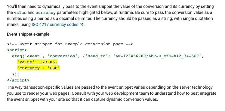 Google's explanation for dynamic conversion value