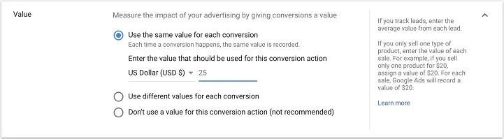 create static conversion value view in Google Ads