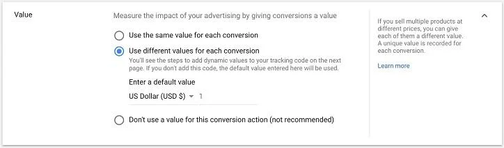 conversion value create screen in Google Ads