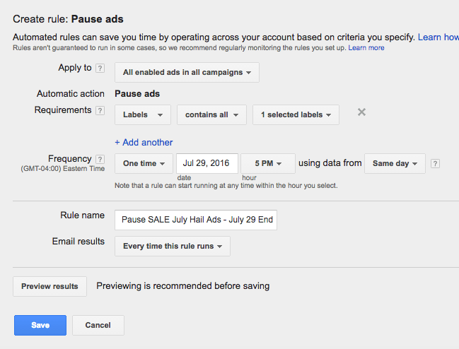creating automated rules in google adwords