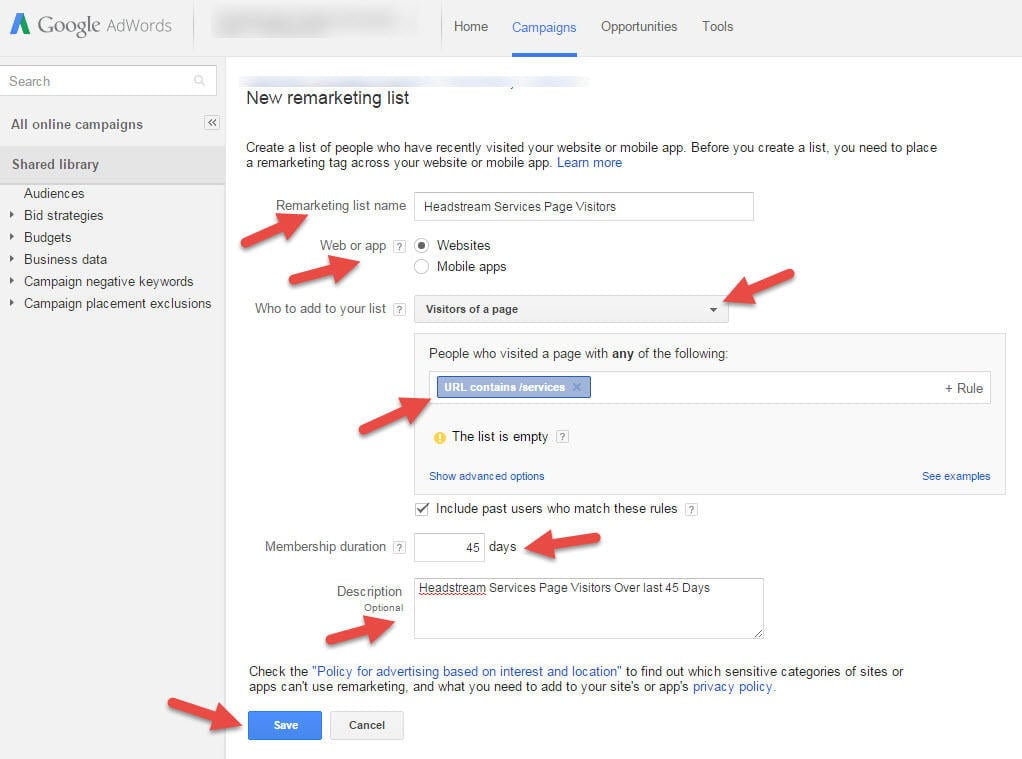 create remarketing list