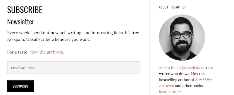 cta examples for newsletter signups austin kleon