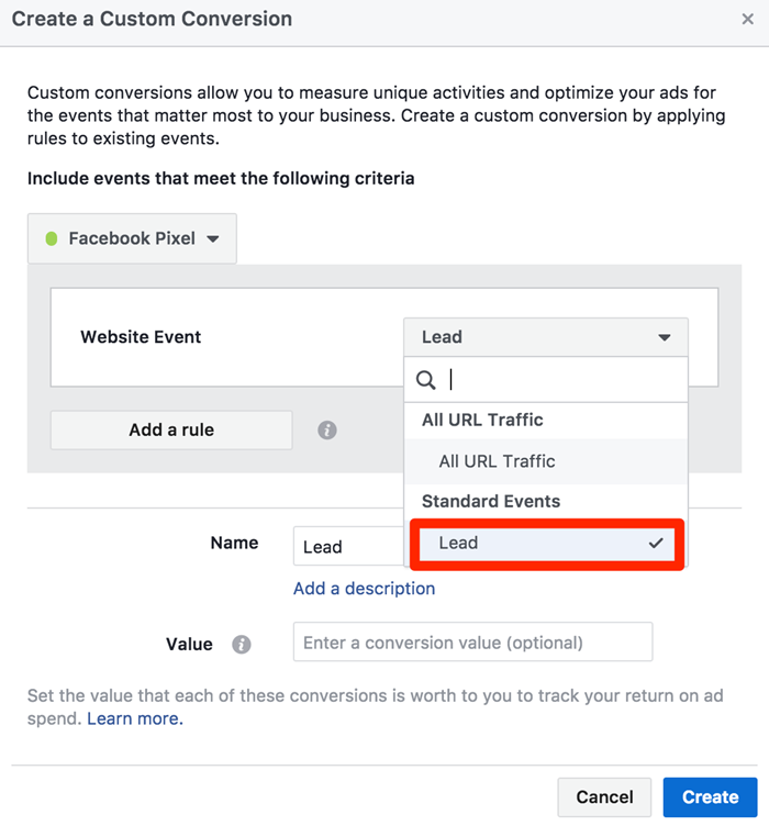 facebook custom conversion lead type