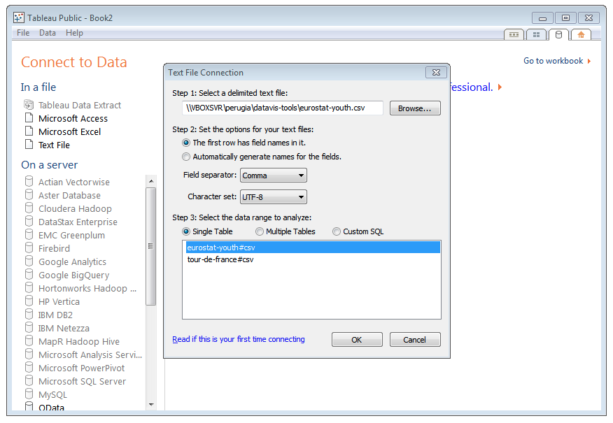 Data visualization tools Tableau Public CSV file import