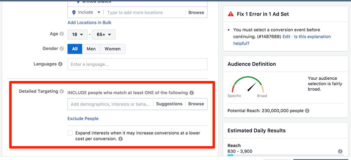 detailed manual targeting for facebook ads