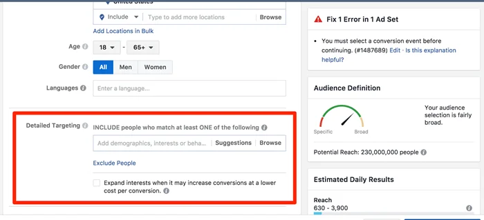 detailed manual targeting for facebook ads
