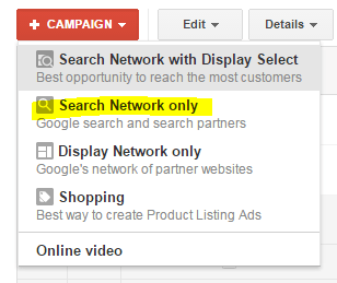 Does Google AdWords work - screenshot of selecting Search Network only.