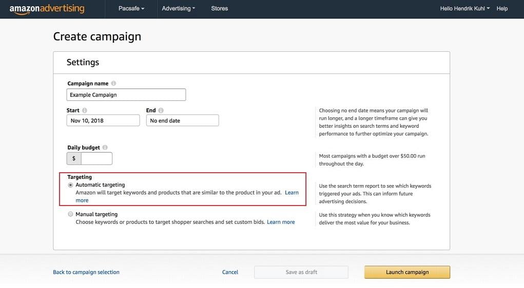 creating a campaign on Amazon