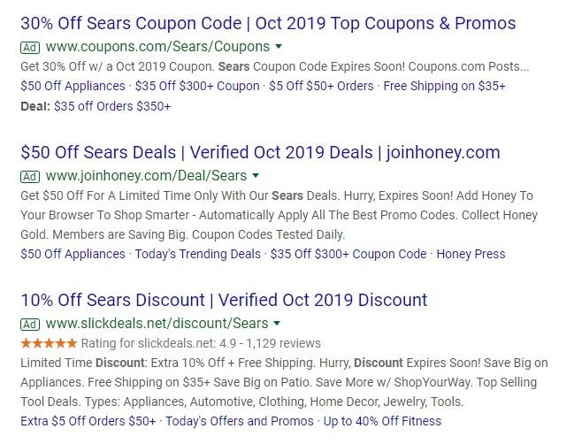 ecommerce discounts in PPC ads for Sears