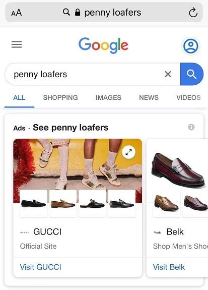 Google showcase shopping ad "penny loafer" example