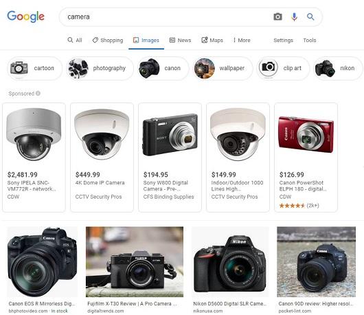 "camera" Google image search w/shopping ads