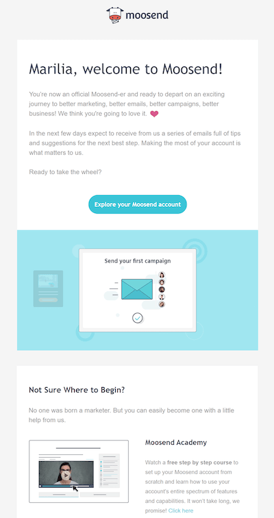 welcome email example by moosend