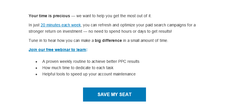 Email optimization PPC work week example