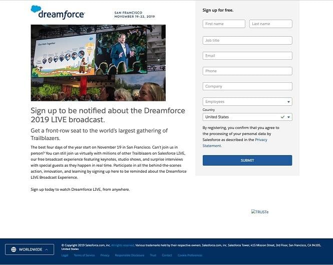 event landing page for Dreamforce live stream