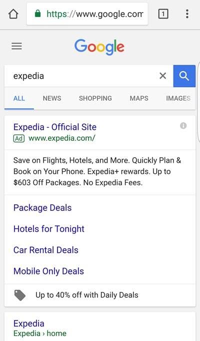 mobile serp for expedia brand search