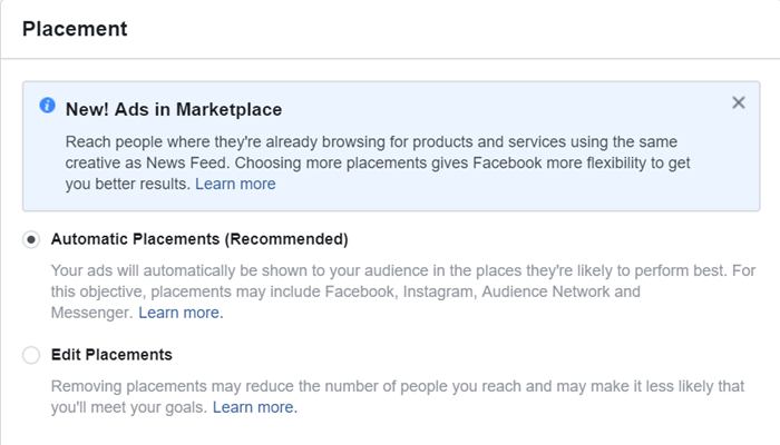 select automated placements for dynamic facebook creative ads