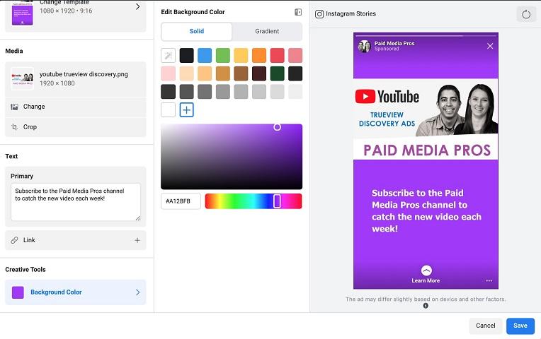 Facebook ad placements background color