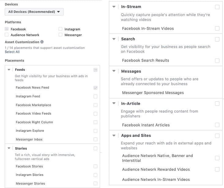Facebook ad placements options
