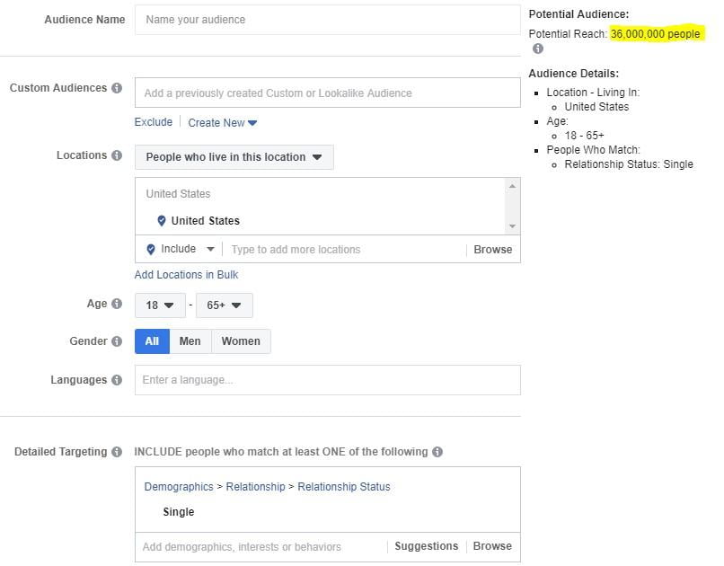 Facebook ad targeting by relationship status "single"