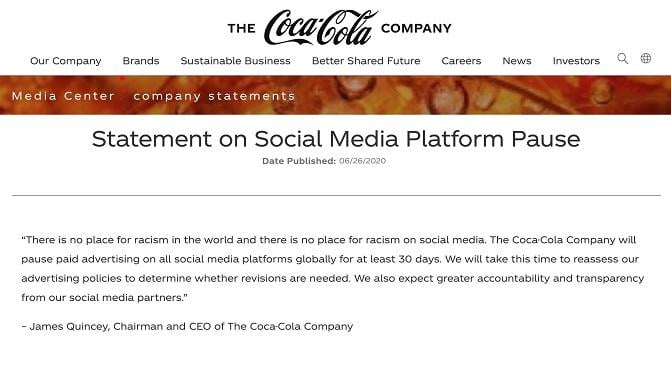 Coca Cola's Facebook boycott statement