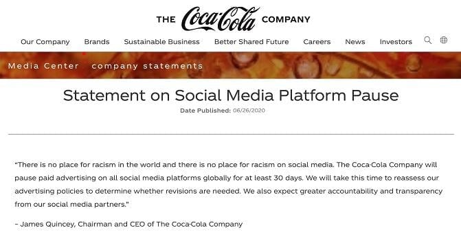 Coca Cola's Facebook boycott statement