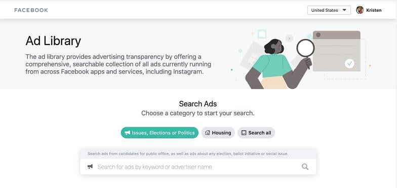 Facebook's ad library search page