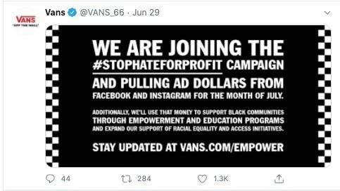 Facebook advertising boycott tweet from Vans