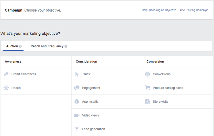 facebook ads manager select campaign objective