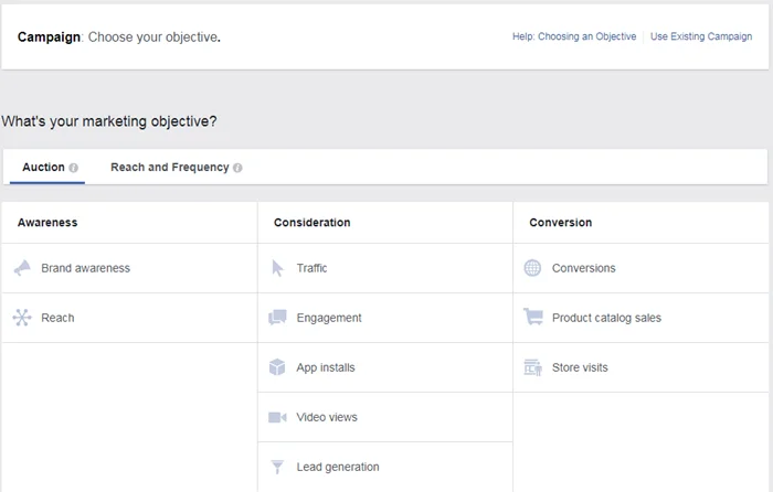facebook ads manager select campaign objective