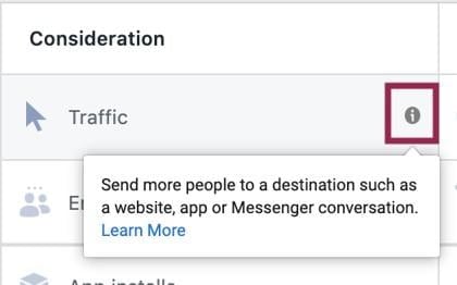 Facebook advertising consideration options