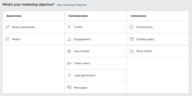 Facebook advertising campaign objectives options