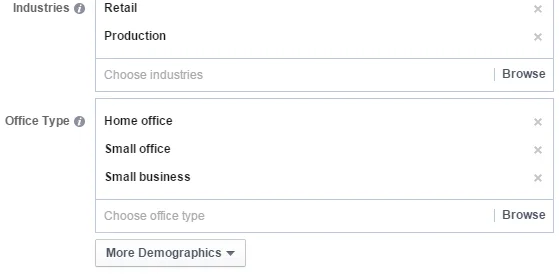 Facebook audience example of industries and office types you can target