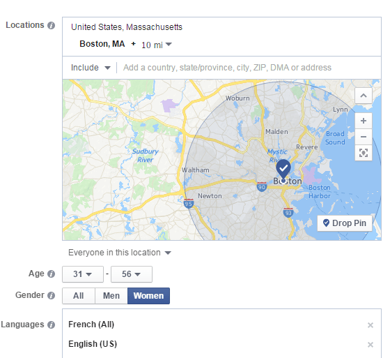 Facebook audience location targeting screenshot