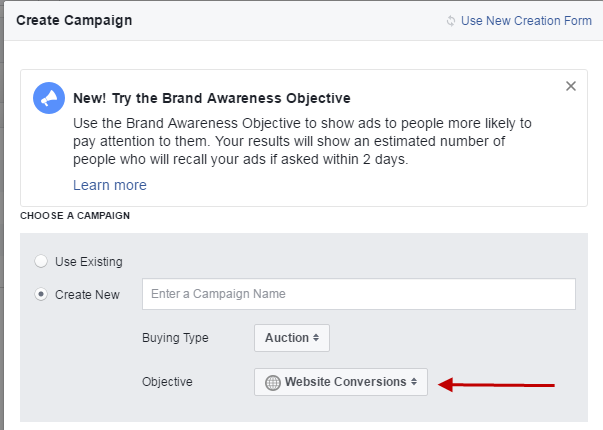 Facebook conversion tracking create brand awareness objective