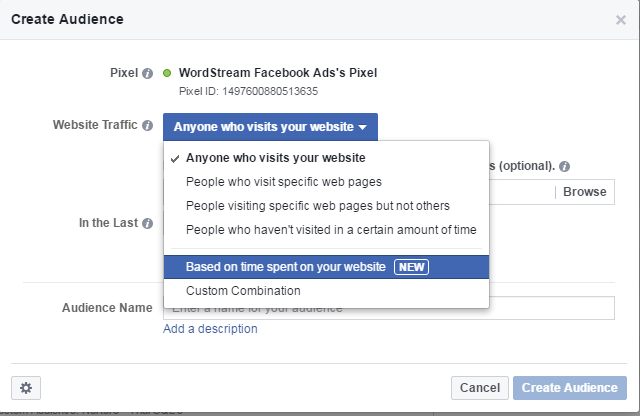 Facebook conversion tracking Time Spent on Site audience