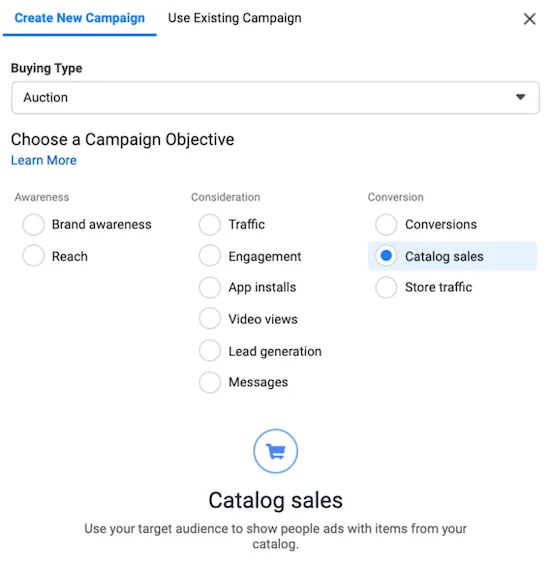 facebook dynamic ads—create new campaign tab