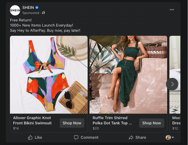 shein example of facebook dynamic ad