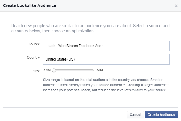 Facebook for lead gen create lookalike audience