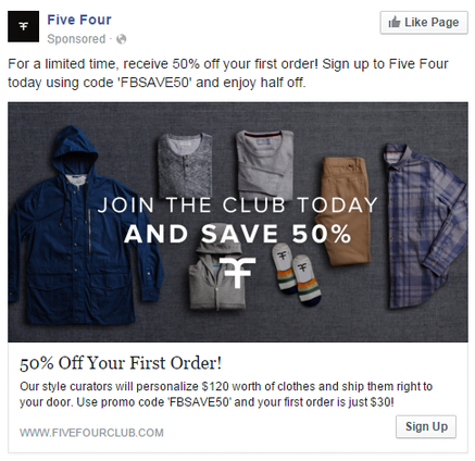 Facebook landing pages Five Four Club ad