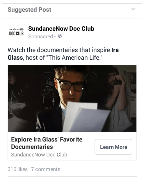 Facebook landing pages SundanceNow ad