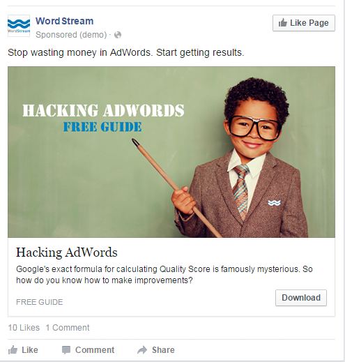 Facebook landing pages WordStream ad