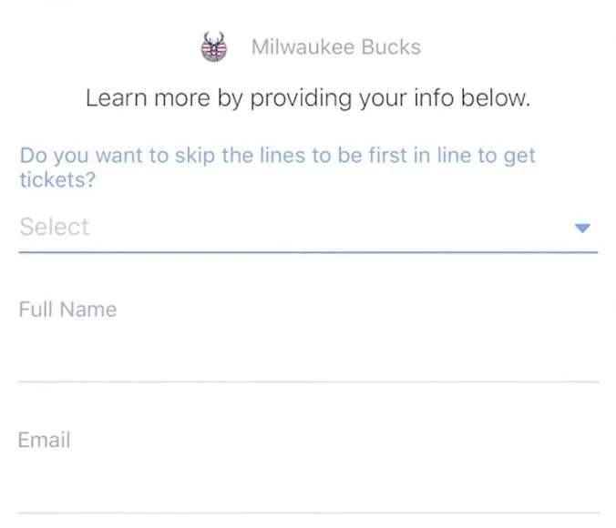 Facebook lead ad Milwaukee Bucks form