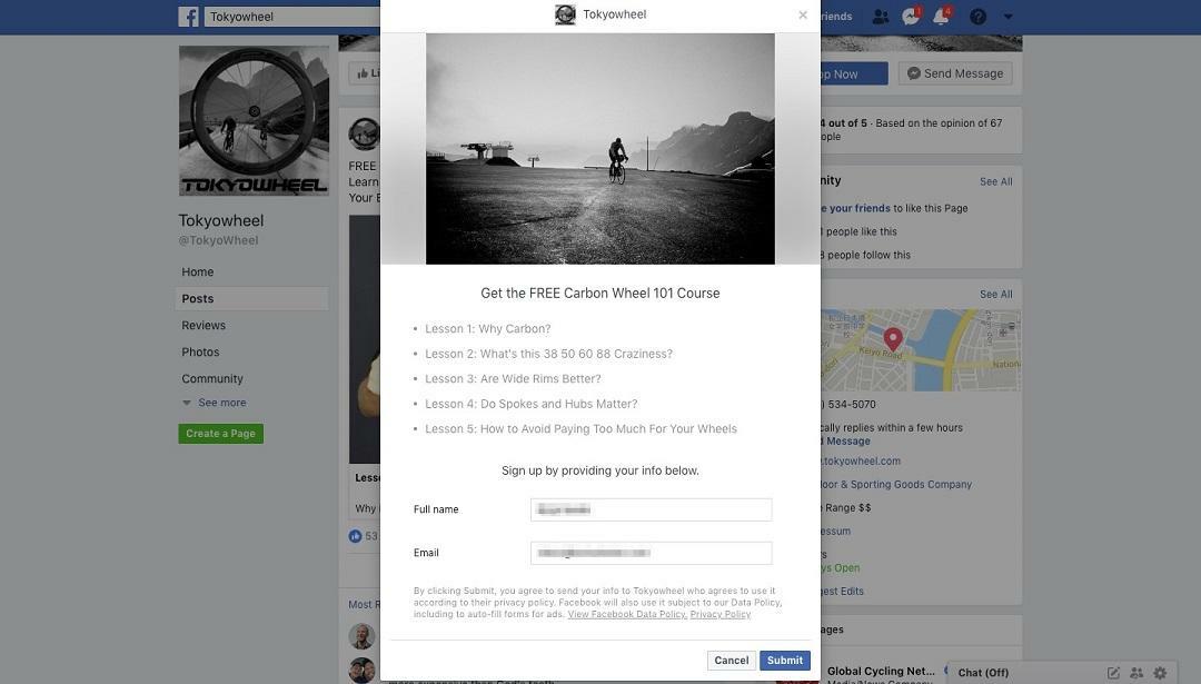 Facebook lead ad Tokyowheel form